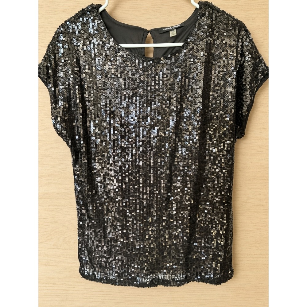 Cable & Gauge Womens Black Sequin Short Sleeve Top Keyhole Back Size Medium